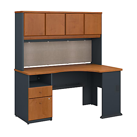 Bush Business Furniture Office Advantage 60"W Corner Desk With Hutch And 2 Drawer Pedestal, Natural Cherry/Slate, Premium Installation