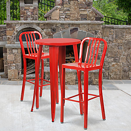 Flash Furniture Commercial-Grade Round Metal Indoor-Outdoor Bar Table Set With 2 Vertical Slat-Back Stools, 41"H x 24"W x 24"D, Red