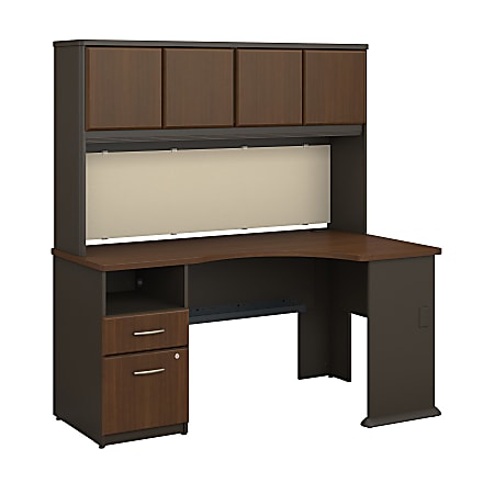 Bush Business Furniture Office Advantage 60"W Corner Desk With Hutch And 2 Drawer Pedestal, Sienna Walnut/Bronze, Premium Installation