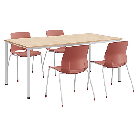 KFI Studios Dailey Table Set With 4 Sled Chairs, Natural Table/Coral Chairs