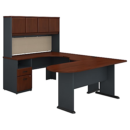 Bush Business Furniture Office Advantage U Shaped Desk And Hutch With Peninsula And Storage, Hansen Cherry, Standard Delivery