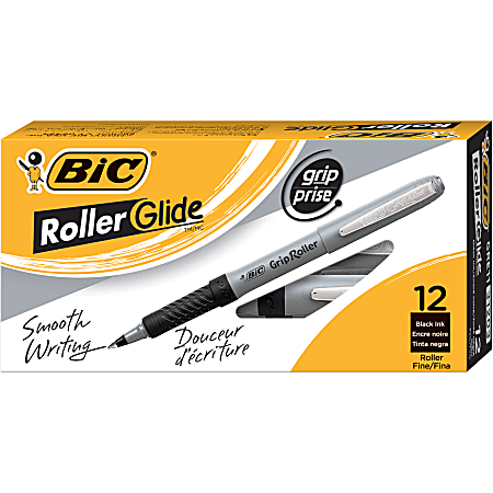 BIC® Grip Roller Pens, Fine Point, 0.7 mm, Gray Barrel, Black Ink, Pack Of 12 Pens
