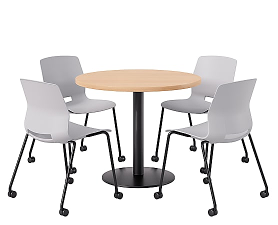KFI Studios Proof Cafe Round Pedestal Table With Imme Caster Chairs, Includes 4 Chairs, 29”H x 36”W x 36”D, Maple Top/Black Base/Light Gray Chairs