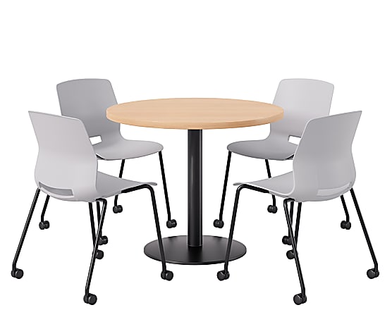 KFI Studios Proof Cafe Round Pedestal Table With Imme Caster Chairs, Includes 4 Chairs, 29”H x 36”W x 36”D, Maple Top/Black Base/Light Gray Chairs