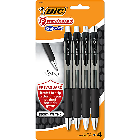 BIC® Gelocity Prevaguard Gel Pens With Antimicrobial Additive, Medium Point, 0.7 mm, Clear Barrels, Black Ink, Pack Of 4 Pens
