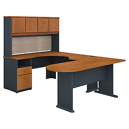 Bush Business Furniture Office Advantage U Shaped Desk And Hutch With Peninsula And Storage, Natural Cherry/Slate, Standard Delivery
