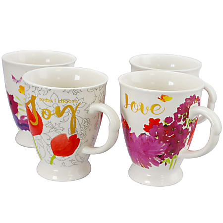Gibson Bold Floral Cups, 17.4 Oz, Assorted Designs, Set Of 4 Cups