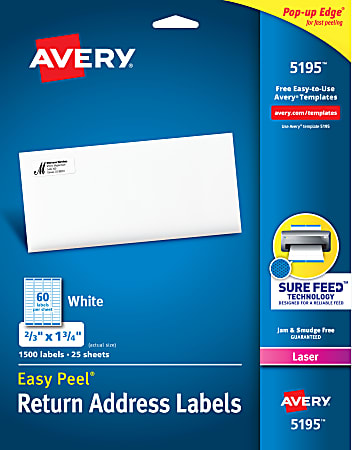 Avery® Easy Peel® Return Address Labels With Sure Feed® Technology, 5195, Rectangle, 2/3" x 1-3/4", White, Pack Of 1,500