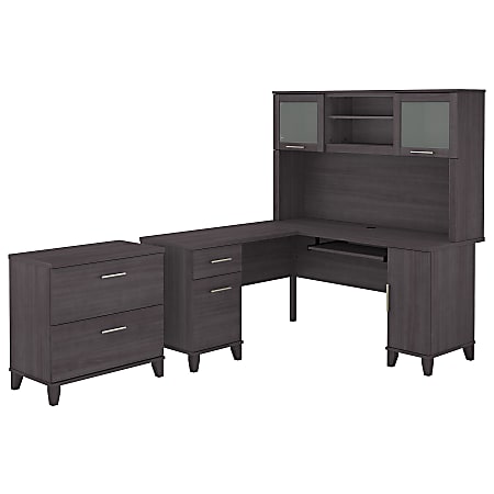 Bush Furniture Somerset 60"W L-Shaped Desk With Hutch And Lateral File Cabinet, Storm Gray, Standard Delivery