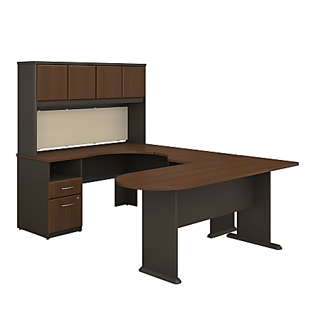 Bush Business Furniture Office Advantage U Shaped Desk And Hutch With Peninsula And Storage, Sienna Walnut/Bronze, Premium Installation