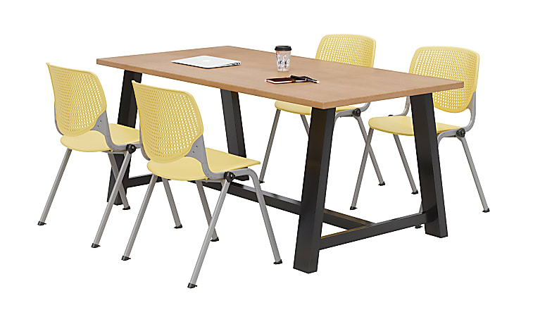 KFI Studios Midtown Table With 4 Stacking Chairs, Kensington Maple/Yellow