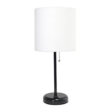 LimeLights Black Stick Lamp with Charging Outlet and White Fabric Shade