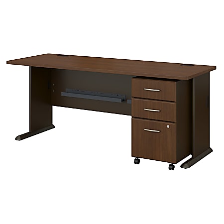Bush Business Furniture Office Advantage 72"W Desk With Mobile File Cabinet, Sienna Walnut/Bronze, Premium Installation