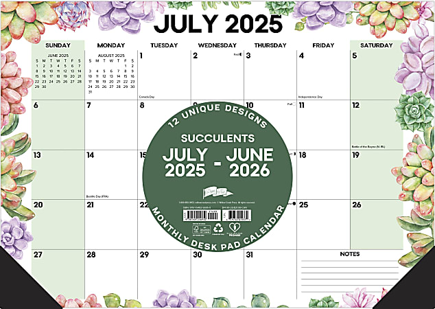 2025-2026 Willow Creek Press Academic Monthly Desk Pad Calendar, 17" x 12", Succulents, July 2025 To June 2026, 56950