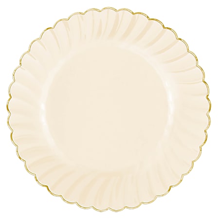 Amscan Scalloped Premium Plastic Plates With Trim, 7-1/2", Cream/Gold, Pack Of 20 Plates