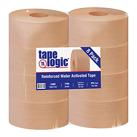 Tape Logic® Reinforced Water-Activated Packing Tape, #7700, 3" Core, 3" x 125 Yd., Kraft, Case Of 8