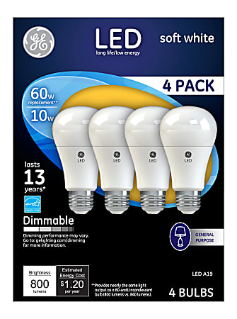 GE LED Light Bulbs, Soft White, A19, 10 Watts (60-Watt Equivalent), Pack Of 4