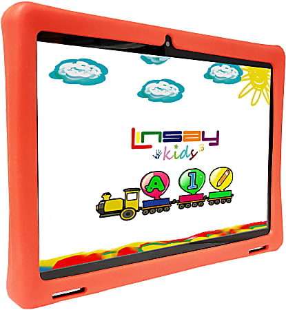 NEW LINSAY 10.1"Octa Core 256GB Storage, 4GB RAM Android 15 Tablet with Red Kids Defender Case and LED Backpack Orange