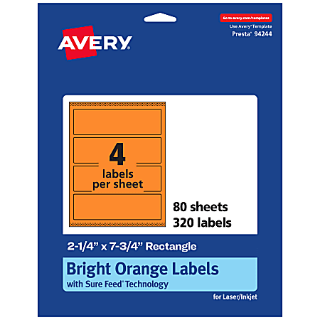 Avery® Print-To-The-Edge Labels With Sure Feed® Technology, 94244-BOP80, Rectangle, 2-1/4" x 7-3/4", Matte Bright Orange, Pack of 320