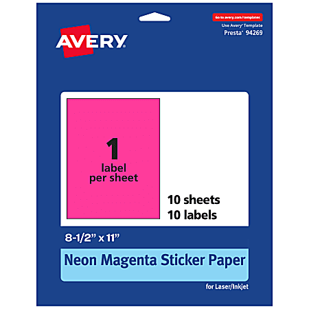 Avery® Printable Sticker Paper, 94269-NMP10, Rectangle, 8-1/2" x 11", Matte Neon Magenta, Pack of 10