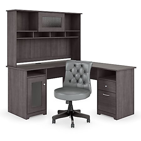 Bush Furniture Cabot 60"W L-Shaped Desk With Hutch And Mid-Back Tufted Office Chair, Heather Gray, Standard Delivery