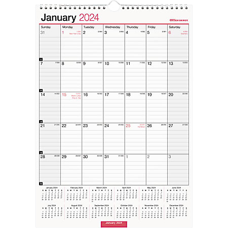 2024 Office Depot® Brand Monthly Wall Calendar, 12" x 17", White, January to December 2024 , OD301628