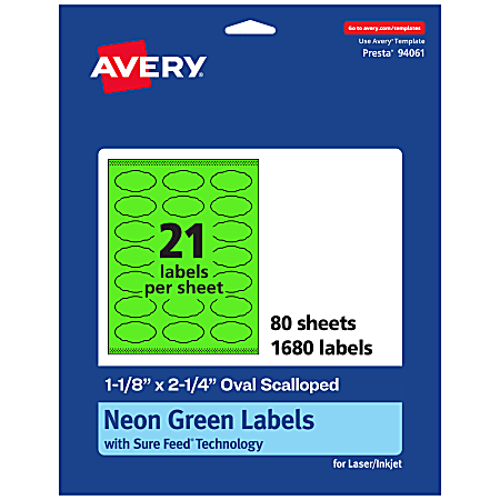 Avery® Print-To-The-Edge Labels With Sure Feed® Technology And Easy Peel®, 94061-NGP80, Oval Scalloped, 1-1/8"x2-1/4", Matte Neon Green, Pack of 1680