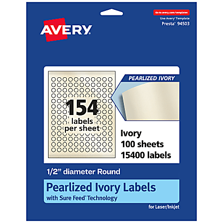 Avery® Pearlized Permanent Labels With Sure Feed®, 94503-PIP100, Round, 1/2" Diameter, Ivory, Pack Of 15,400 Labels