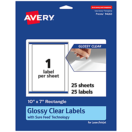 Avery® Glossy Permanent Labels With Sure Feed®, 94263-CGF25, Rectangle, 10" x 7", Clear, Pack Of 25