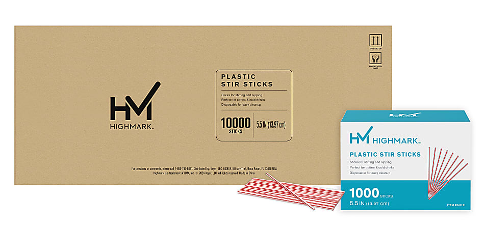 Highmark&reg; Plastic Stir Sticks, 5-1/2", Red/White, Case Of 10,000