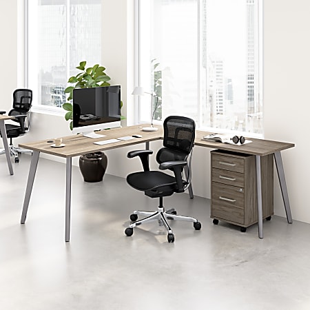 WorkPro Motiva 72"W Modern L Shaped Office Desk With Rolling File Cabinet, Modern Hickory, Standard Delivery