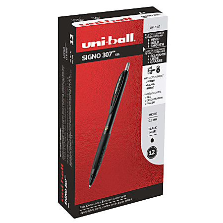 uni-ball® 307™ Retractable Gel Pens, Microtip Point, 0.5 mm, Black Barrel, Black Ink, Pack Of 12