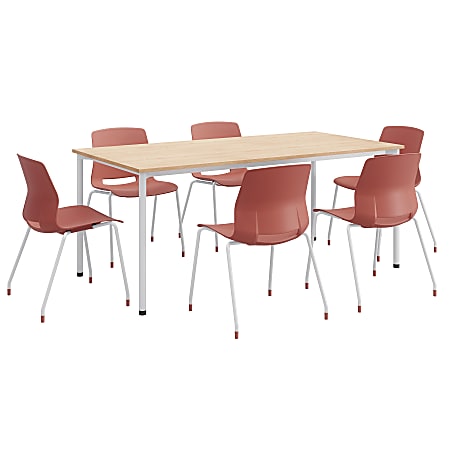 KFI Studios Dailey Table Set With 6 Poly Chairs, Natural Table/Coral Chairs