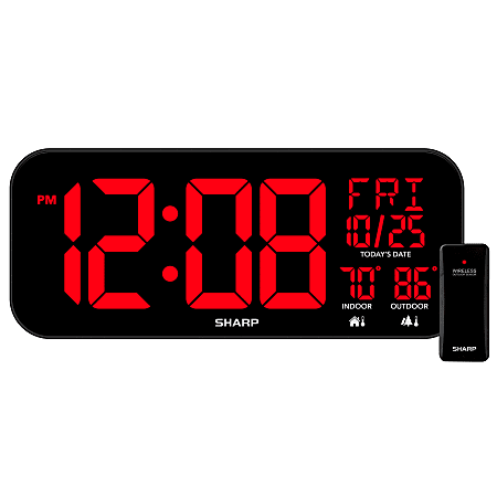 Sharp Jumbo 4'' LED Wall Clock with Indoor/Outdoor Temperature and Calendar Display, 5-7/8&rdquo;H x 1&rdquo;W x 14&rdquo;D, Black