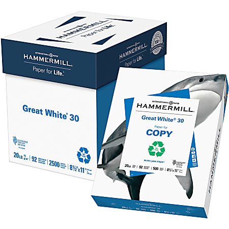 Hammermill Great White Laser, Inkjet Copy & Multipurpose Paper - White - Recycled - 30% Recycled Content - 92 Brightness - Letter - 8 1/2" x 11" - 20 lb Basis Weight - 75 g/m² Grammage - 5 / Carton - Acid-free, Moisture Resistant, Jam-free