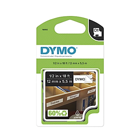 DYMO® 16955 Black-On-White Permanent Polyester Tape, 0.5" x 18'