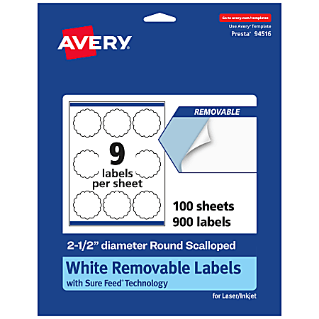 Avery® Removable Labels With Sure Feed®, 94516-RMP100, Round Scalloped, 2-1/2" Diameter, White, Pack Of 900 Labels