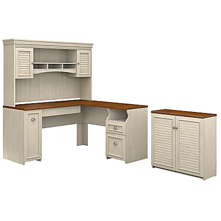 Bush Furniture Fairview 60"W L Shaped Desk With Hutch And Small Storage Cabinet, Antique White/Tea Maple, Standard Delivery