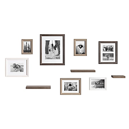 Uniek Kate And Laurel Bordeaux Gallery Wall Frame And Shelf Kit, Assorted Sizes, Whitewash/Charcoal Gray/Farmhouse Gray, Set Of 10