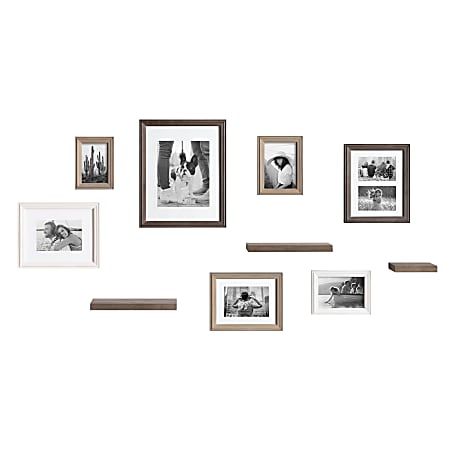 Kate And Laurel Bordeaux Gallery Wall Frame And Shelf Kit, Assorted Sizes, Whitewash/Charcoal Gray/Farmhouse Gray, Set Of 10