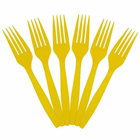 JAM PAPER Big Party Pack of Premium Plastic Forks, Yellow, 100 Disposable Forks/Box 