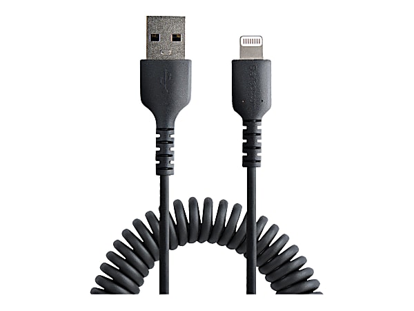 StarTech.com 50cm/20in USB to Lightning Cable, MFi Certified, Coiled iPhone Charger Cable, Black, Durable TPE Jacket Aramid Fiber - RUSB2ALT50CMBC