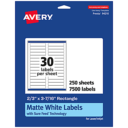 Avery® Permanent Labels With Sure Feed®, 94210-WMP250, Rectangle, 2/3" x 3-7/16", White, Pack Of 7,500