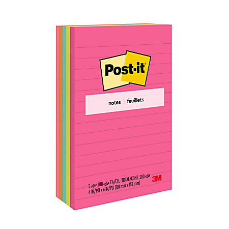 Post it Notes, 500 Total Notes, Pack Of 5 Pads, 4 in x 6 in, Lined, Poptimistic Collection, 100 Notes Per Pad