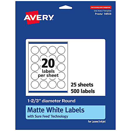 Avery® Permanent Labels With Sure Feed®, 94508-WMP25, Round, 1-2/3" Diameter, White, Pack Of 500