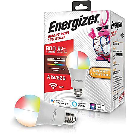 Energizer A19 Smart Multiwhite and Multicolor LED Bulb 11.50 W 60 W Incandescent Equivalent Wattage 120 V AC 800 lm A19 Size Multicolor Multi White Light Color E26 Base Office Depot