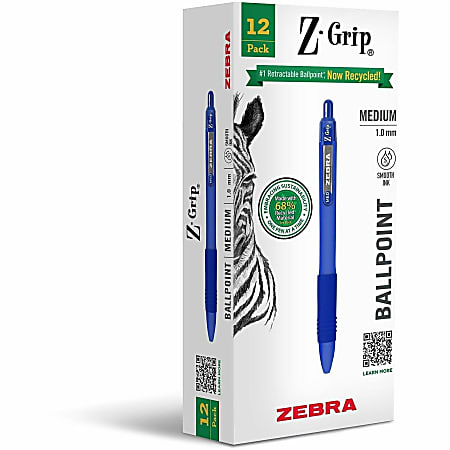 Zebra Pen Z-Grip Recycled Retractable Ballpoint Pens - 1 mm, Medium Pen Point - Retractable - Blue Ink - School, Home, Journaling - 1 Dozen