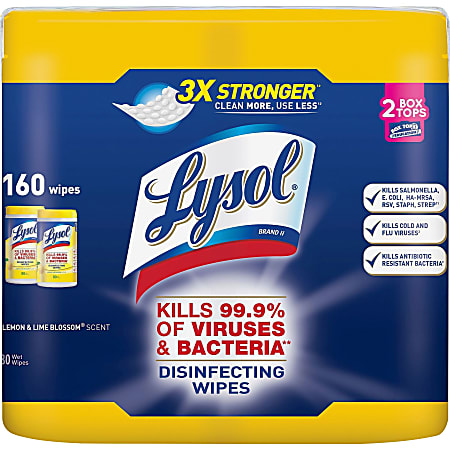 Lysol® Disinfecting Wipes, Lemon & Lime Blossom® Scent, 7" x 7.25", 80 Sheets Per Canister, Case Of 2 Canisters