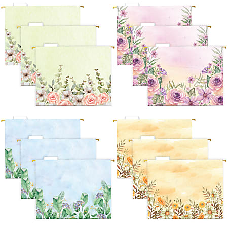 Global Deluxe Designer Printed Hanging File Folders, 1/5 Cut, Letter Size, Assorted Watercolor Floral, Pack Of 12 Folders
