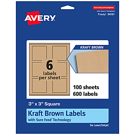 Avery® Kraft Permanent Labels With Sure Feed®, 94101-KMP100, Square, 3" x 3", Brown, Pack Of 600